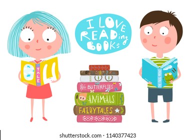 Cute Kids Boy And Girl Reading Books. Colorful Fun Clip Art Cartoon Of Children And A Pile Of Books. Vector Cartoon.