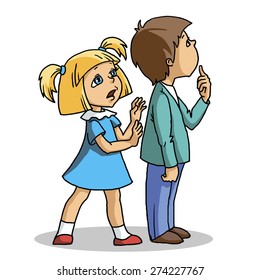 Cute kids. Boy and girl standing. Children looking at something interesting but dangerous. Vector illustration. Cartoon style.