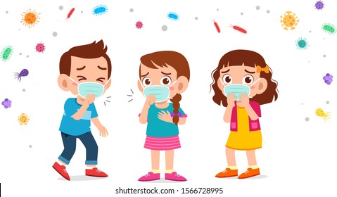 cute kids boy and girl wearing face mask vector