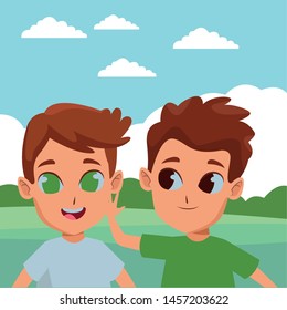 Cute kids boys playing in the park cartoon ,vector illustration graphic design.