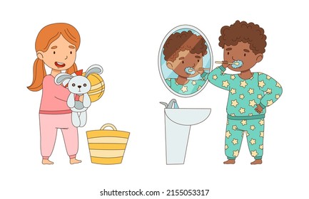 Cute kids brushing their teeth and storing toys preparing for sleep cartoon vector illustration