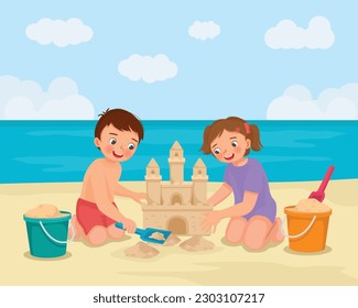 Cute kids building sand castle having fun on the beach on summer holiday