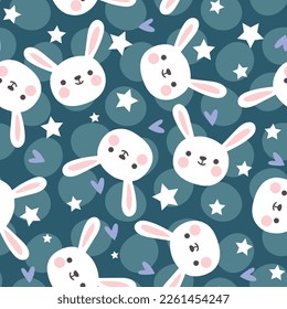 Cute kids bunny deep blue seamless pattern sky with stars and kawaii hearts