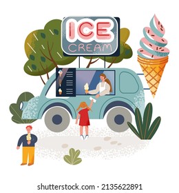 Cute kids buy ice cream from woman vendor in car truck summertime vector illustration. Cartoon funny delivery van with icecream signboard and sweet menu sell dessert snacks to people in summer park