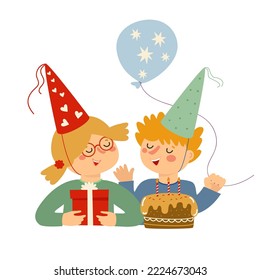 Cute kids with cake, box of present and balloon. Happy little boy and girl at the Birthday party. Funny cartoon children, hand drawn vector illustration isolated on white background. Flat design 
