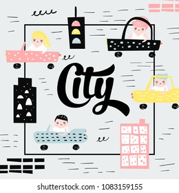 Cute Kids in Car Design. Creative Childish Background with Boys and Girls Driving Cars for Cover, Decoration, Prints. Vector illustration