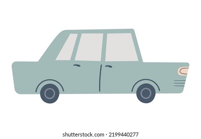 Cute kids car isolated on a white background. Road trip. Travel concept. Funny transport in hand drawn style for design of kids map,  pre school education, textiles. Cartoon vector illustration