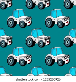 Cute kids car pattern for girls and boys. Colorful car, tractor on the abstract background create a fun cartoon drawing.The car pattern is made in neon colors. Urban backdrop for textile and fabric