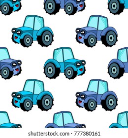 Cute kids car pattern for girls and boys. Colorful car, tractor on the abstract background create a fun cartoon drawing.The car pattern is made in neon colors. Urban backdrop for textile and fabric