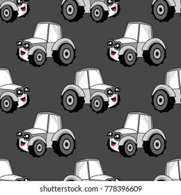 Cute kids car pattern for girls and boys. Colorful car, tractor on the abstract background create a fun cartoon drawing.The car pattern is made in neon colors. Urban backdrop for textile and fabric