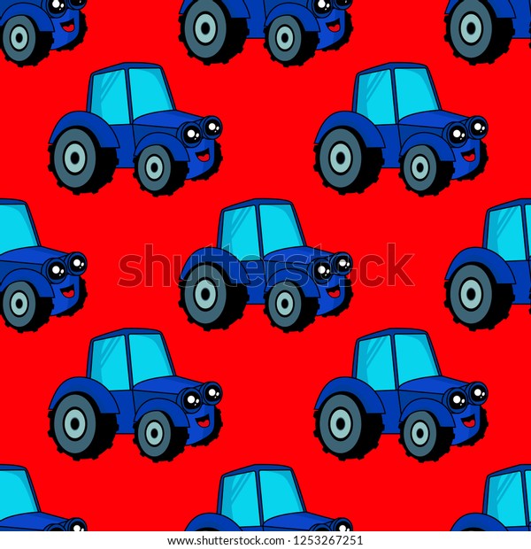 Cute kids car pattern for girls and boys. Colorful\
car, tractor on the abstract background create a fun cartoon\
drawing.The car pattern is made in neon colors. Urban backdrop for\
textile and fabric