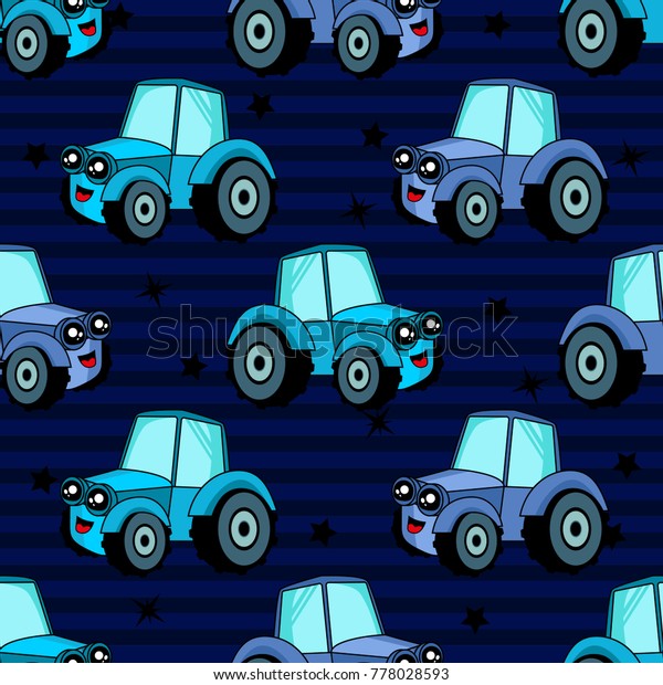 Cute kids car pattern for girls and boys. Colorful\
car, tractor on the abstract background create a fun cartoon\
drawing.The car pattern is made in neon colors. Urban backdrop for\
textile and fabric