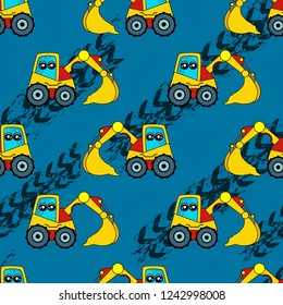 Cute kids car, tractor pattern for girls and boys. Colorful car, auto, tractor on the abstract bright background create a fun cartoon drawing. Urban pattern for textile and fabric, kids. Neon color
