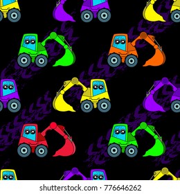 Cute kids car, tractor pattern for girls and boys. Colorful car, auto, tractor on the abstract bright background create a fun cartoon drawing. Urban pattern for textile and fabric, kids. Neon color