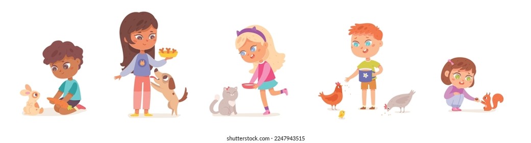 Cute kids care pets set vector illustration  Cartoon isolated boys   girls feeding rabbit  chicken   squirrel  child holding food to feed   play and domestic animal  cat   dog eating