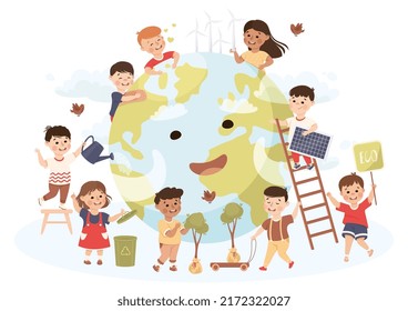 Cute Kids Caring About Earth Planet Saving World Vector Illustration