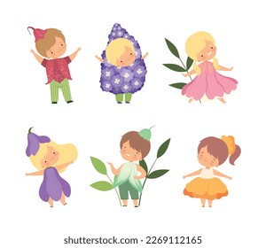 Cute kids in carnival costumes set. Little boys and girls dressed as flowers Vector Illustration cartoon vector illustration