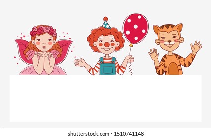 Cute kids in carnival costumes. Vector illustration