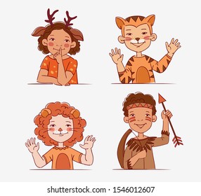 Cute kids in carnival costumes. Vector illustration