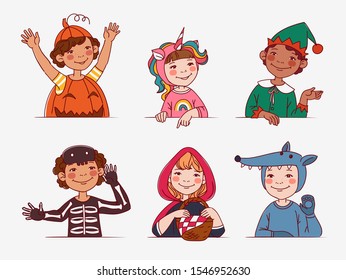 Cute kids in carnival costumes. Vector illustration