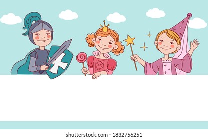 Cute kids in carnival costumes. Vector illustration