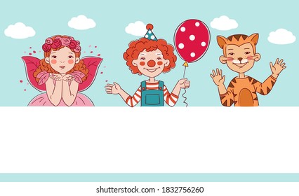 Cute kids in carnival costumes. Vector illustration