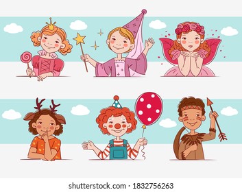 Cute kids in carnival costumes. Vector illustration