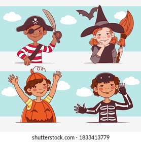 Cute kids in carnival costumes. Vector illustration
