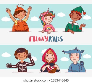 Cute kids in carnival costumes. Vector illustration