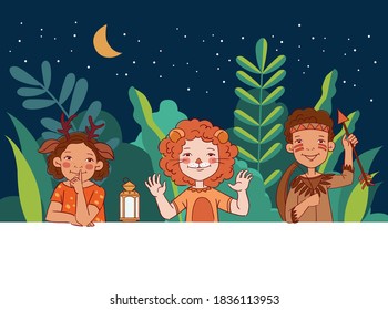 Cute kids in carnival costumes. Vector illustration