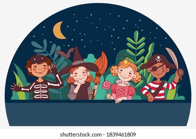 Cute kids in carnival costumes. Vector illustration