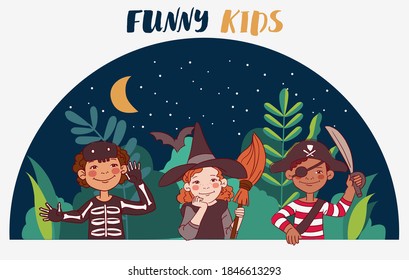 Cute kids in carnival costumes. Vector illustration