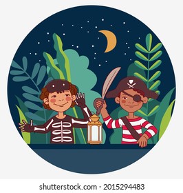 Cute kids in carnival costumes. Vector illustration