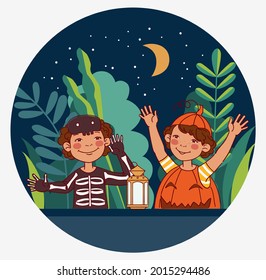 Cute kids in carnival costumes. Vector illustration