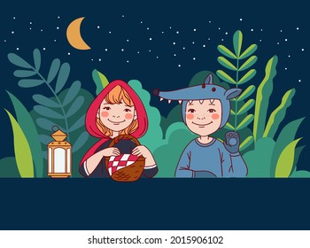 Cute kids in carnival costumes. Vector illustration