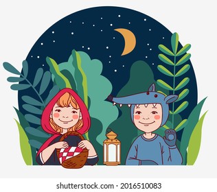 Cute kids in carnival costumes. Vector illustration