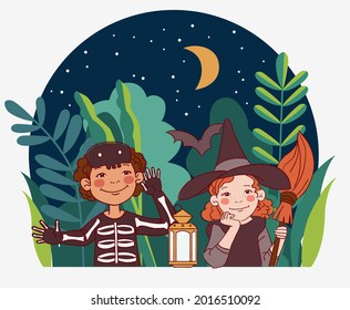 Cute kids in carnival costumes. Vector illustration