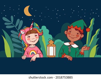 Cute kids in carnival costumes. Vector illustration