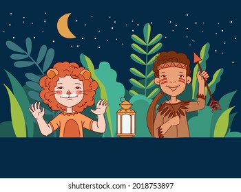 Cute kids in carnival costumes. Vector illustration