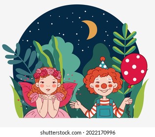 Cute kids in carnival costumes. Vector illustration