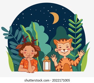 Cute kids in carnival costumes. Vector illustration