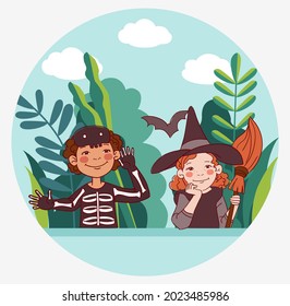 Cute kids in carnival costumes. Vector illustration