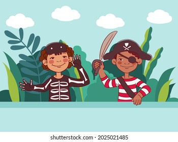 Cute kids in carnival costumes. Vector illustration