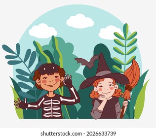 Cute kids in carnival costumes. Vector illustration