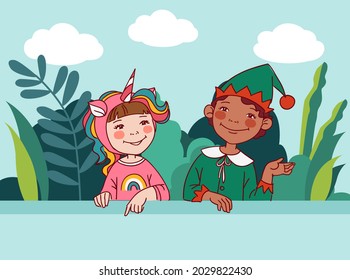 Cute kids in carnival costumes. Vector illustration