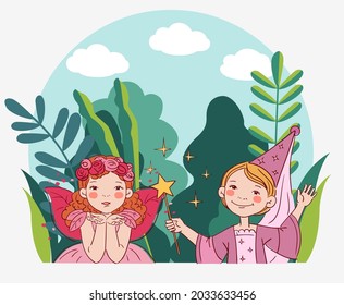 Cute kids in carnival costumes. Vector illustration