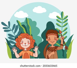 Cute kids in carnival costumes. Vector illustration