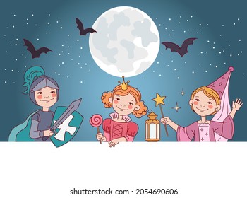 Cute kids in carnival costumes. Vector illustration. Boys and girls in Halloween costumes