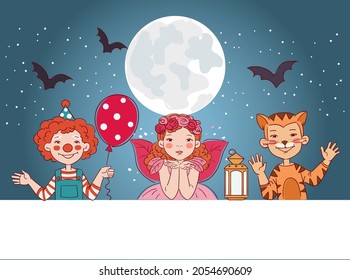 Cute kids in carnival costumes. Vector illustration. Boys and girls in Halloween costumes