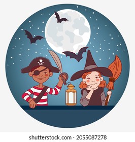 Cute kids in carnival costumes. Vector illustration. Boys and girls in Halloween costumes